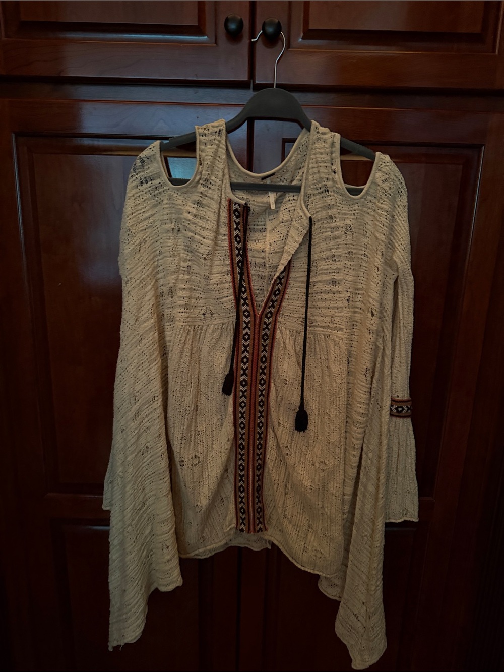 Free People Cream Crochet Cold-Shoulder Tunic with Embroidered Trim
